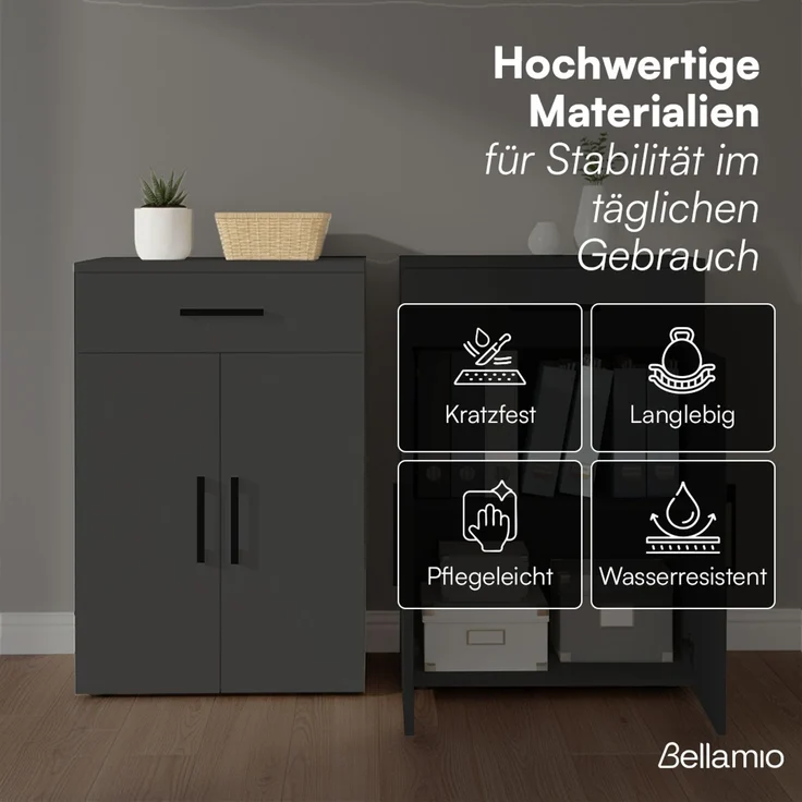 Bellamio 'Apol' Mehrzweckschrank, anthrazitschwarz, 88x33x60 cm, kleiner Aktenschrank mit 2 Fächern und 1 Schublade – Bild 5