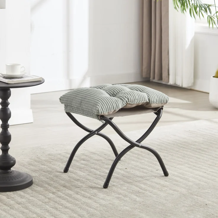 Flieks Loungesessel mit Hocker, ergonomischer Ohrensessel mit Stahlrahmen, weicher Cordstoff, Seitentasche, graugrün – Bild 3