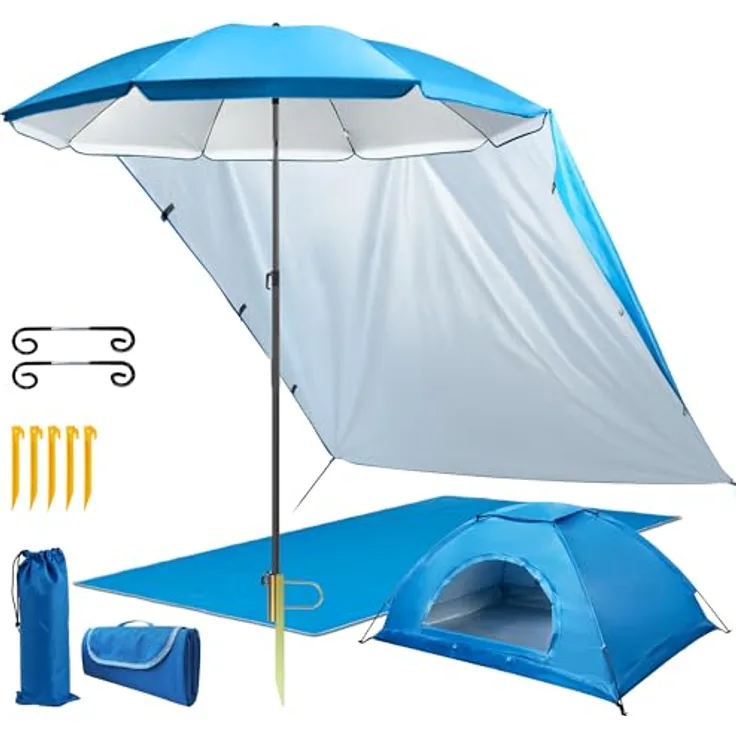 4smile Sonnenschirm Strand 6er-Set Blau – UV50+-Schutz, Ø 180 cm, mit großer Stranddecke (2 x 2 m), 2 x 1,5 m Strandmuschel, Sonnensegel Strand, Rasendorn für Sonnenschirm & robuster Schirmhülle