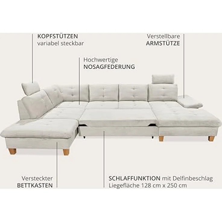Wohnlandschaft Ascot mit Cord-Bezug und Schlaffunktion in Creme, U-Form inkl. Kopfstützen, Bettkasten und Verstellbarer Armlehne - 324 x 107 x 218 cm (B/H/T) – Bild 7