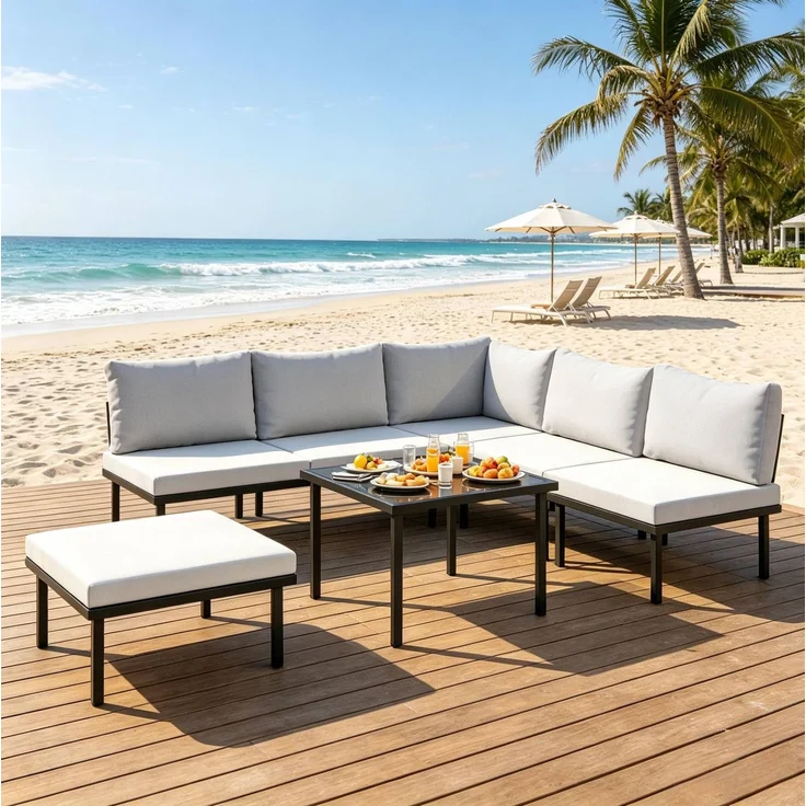 6-teiliges Gartenlounge-Set mit Glas-Couchtisch, 64x116x60,5 cm, Schwarz/Hellgrau – Bild 3