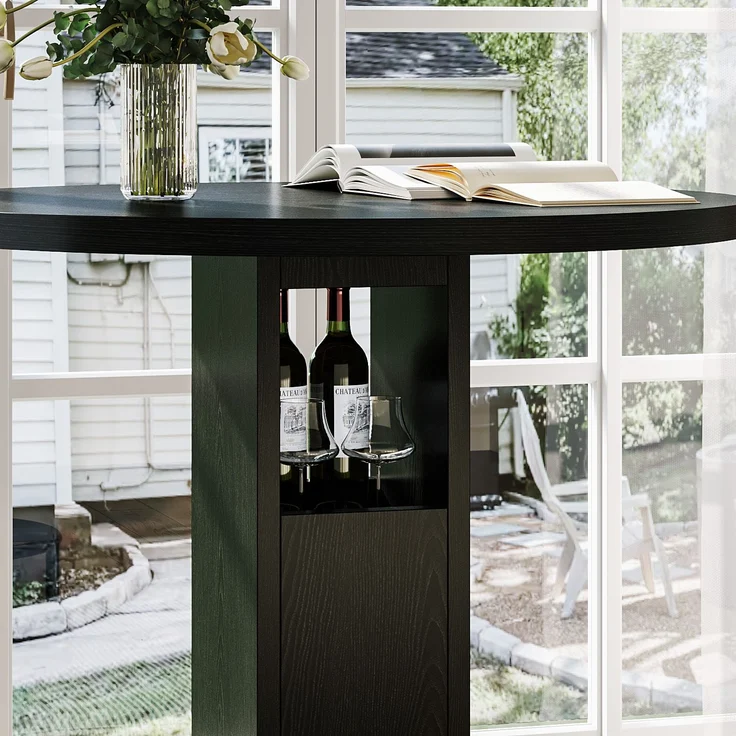 3-teiliges Bar-Tisch- und Hocker-Set 31,5-Zoll-Rundtisch mit zwei Hockern Holz-Esstisch mit ringförmiger Fußstütze aus Metall Geeignet für Esszimmer, Cafés, Bars, Wohnzimmer usw, Schwarz--Schwarz--80x80x91.5cm--YOUDENOVA – Bild 8