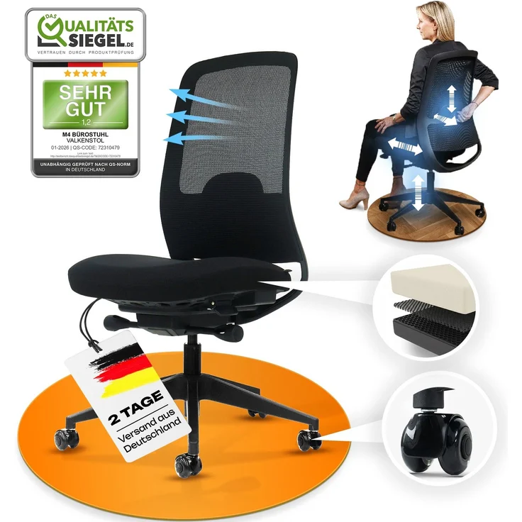 VALKENSTOL M4 Essential - Bürostuhl ergonomisch - 5 Jahre Garantie - 5D Armlehnen - verstellbare Sitztiefe - Schreibtischstuhl mit Gummirollen – Bild 1