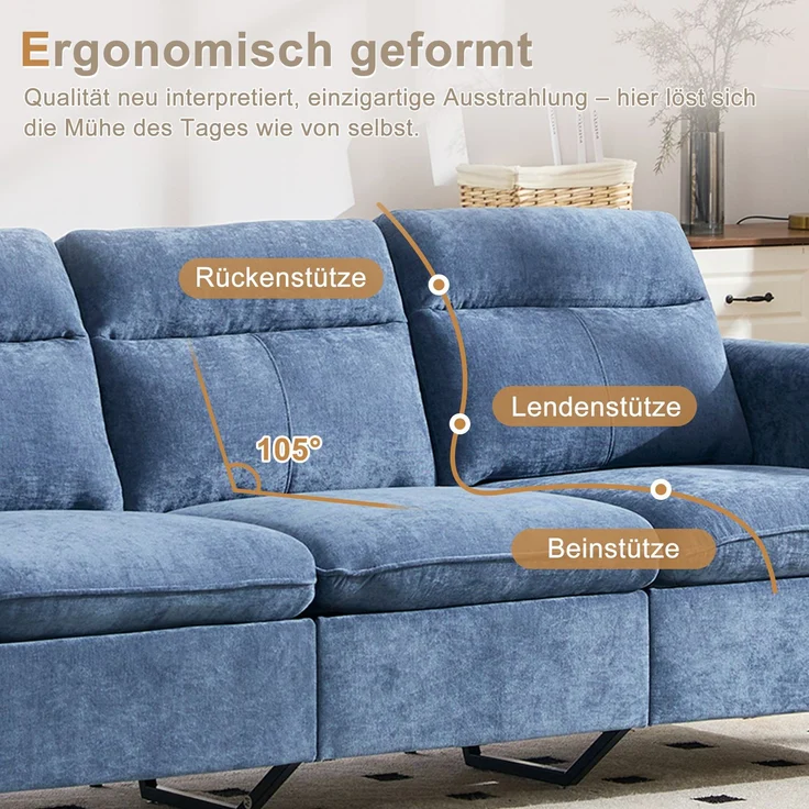 EINHOM Dreisitzige Sofagarnitur im nordischen Stil mit Aufbewahrungshocker, L-förmiges Stoffsofa mit Seitentaschen und Tischbeinen aus Holz, ideal für Wohnzimmer und kleine Räume (Blauer Chenille) – Bild 4