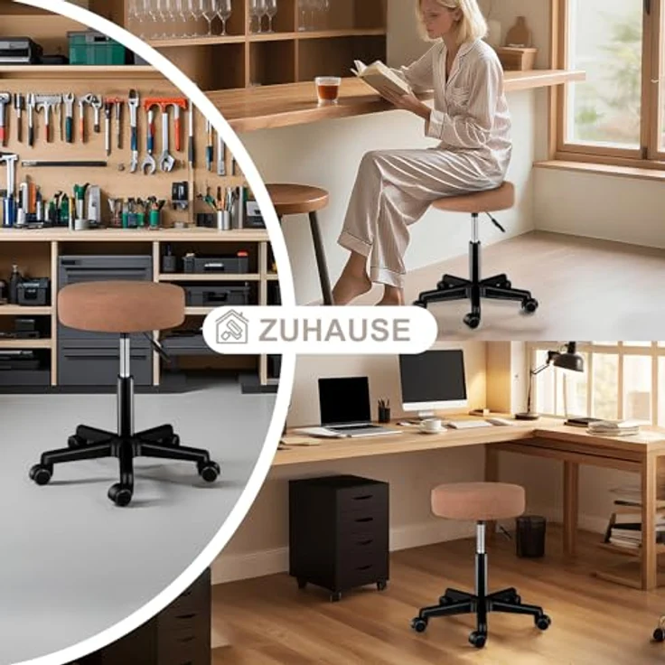 Zedelmaier Rollhocker höhenverstellbar, Bürohocker mit Gummirollen, 360° drehbar Hocker mit Rollen & 10 cm Polsterung, Sitzhocker Werkstatt, Drehhocker ergonomisch, Sitzhöhe 44–58 cm, Orange – Bild 4