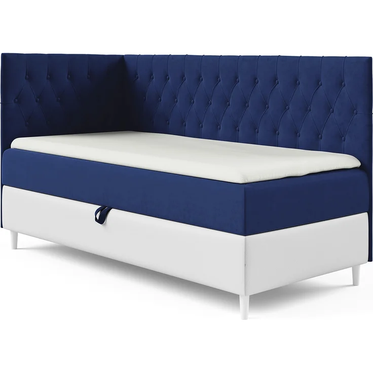 MEBLINI Kinderbett mit Bettkasten FILIPPO 3 100x200 Links – H3/Blau Samt Gepolstert Einzelbett mit Matratze - Polsterbett mit Stauraum - Bett mit Kopfteil – Stauraumbett – Bild 1