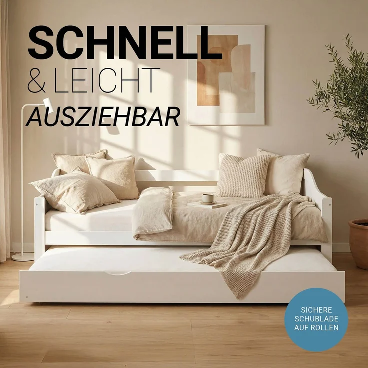 Gästebett Holzbett 90x200 cm mit 2 Matratzen Weiß Tagesbett ausziehbar Jugendbett Ausziehbett Funktionsbett – Bild 6