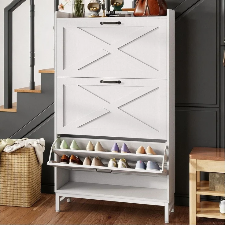 HawthyHome Schuhschrank 80 x 24 x 138 cm, hoch mit 3 Klappen für 18–24 Paar Schuhe (1-St) Schmaler Schuhkipper mit verstellbaren Trennwänden – Bild 1