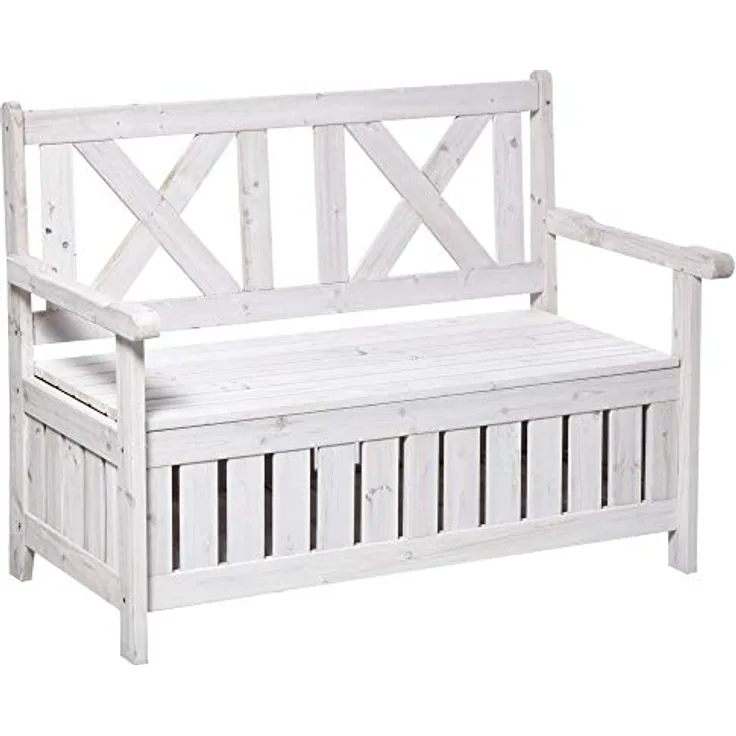 Outsunny Gartenbank mit Stauraum, Holzgartenbank im Landhausstil, weiß, 2-Sitzer mit hoher Rückenlehne und Armlehnen, max. Belastbarkeit 160 kg