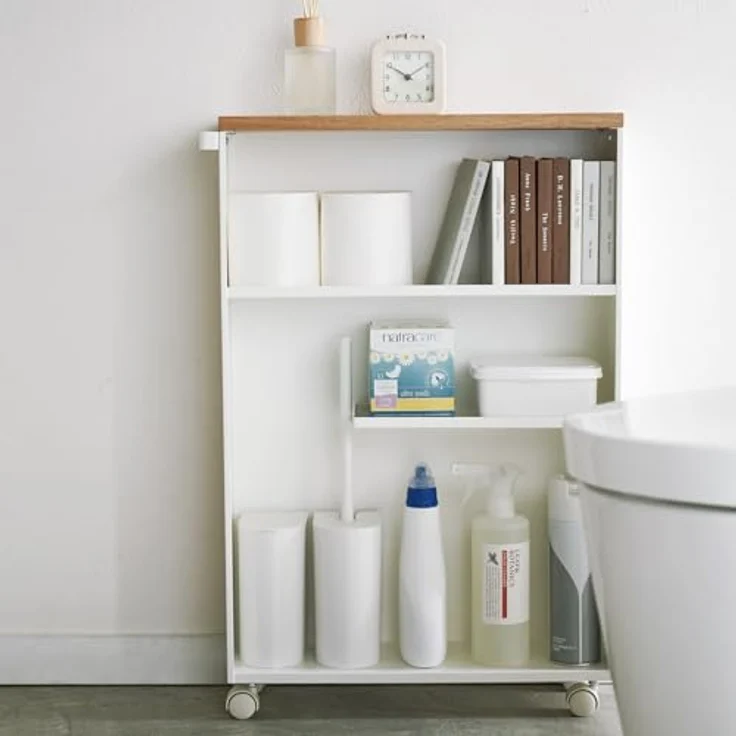 Yamazaki Badregal Tower schmal Toilettenpapier Aufbewahrung WC-Rollen Klopapier, Rollregal, Badwagen, Rollwagen, Regal auf Rollen mit Ablage – Bild 9