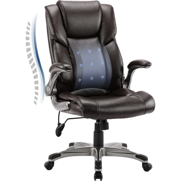 COLAMY Bürostuhl Ergonomisch, Chefsessel mit Hoher Rückenlehne, Schreibtischstuhl Lederstuhl mit Gepolsterten Klapparmlehnen, Verstellbarer Neigungsverschluss, Drehstuhl für Erwachsene, Braun – Bild 1