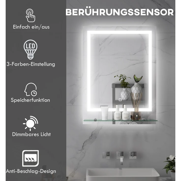 MELAYR, Badezimmerspiegel mit LED-Beleuchtung, 3 Lichtfarben, Antibeschlag-Funktion, 70 x 50 x 2.7 cm, Transparent – Bild 6