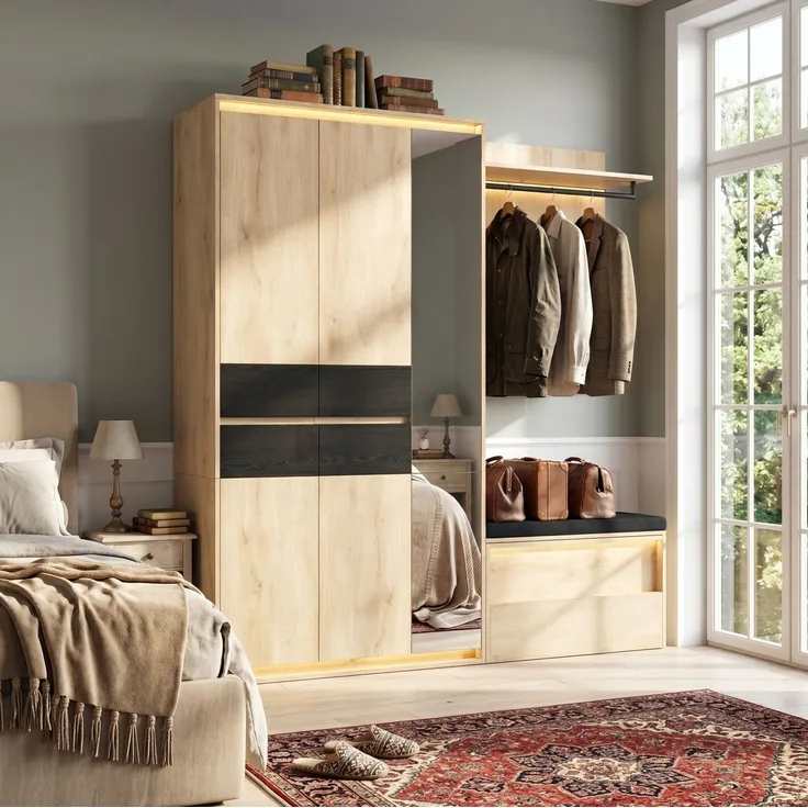 Garderoben-Set 200x47x200 cm mit Spiegel, LED-Beleuchtung und Sitzbank