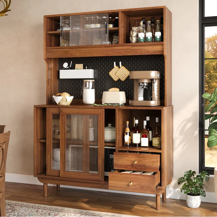Küchenbuffet aus MDF mit Riffelglas-Schiebetüren, 117x30x170 cm, Nussbaum – Bild 3