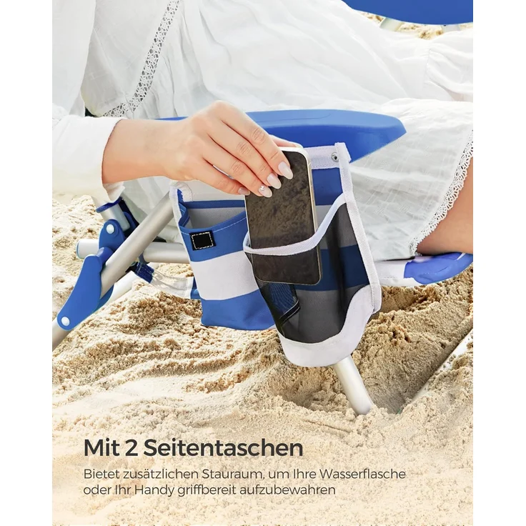 SONGMICS Strandstuhl, faltbar mit Schultergurt, verstellbarer Rückenlehne & Kopfstütze, Blau / Weiß – Bild 8