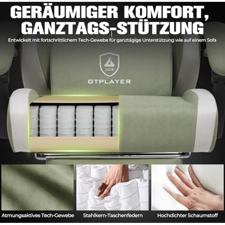 GTPLAYER Gaming Stuhl Ergonomischer, PC Stuhl Atmungsaktiver Stoff, Groß und Hoch Drehbarer Schreibtischstuhl mit Fußstütze,Verstellbare Lendenwirbelstütze und Kopfstütze,Grün – Bild 6
