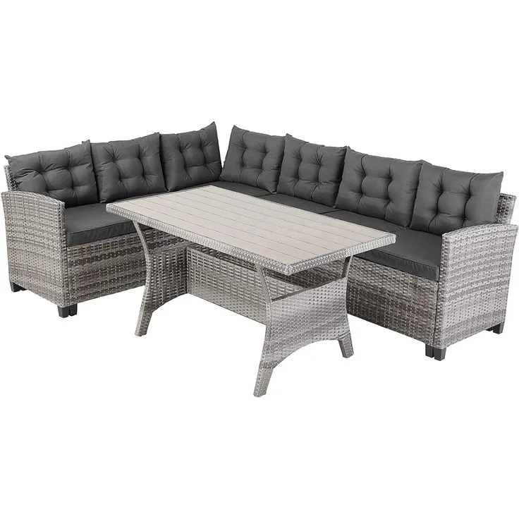 Casaria Gartenlounge-Set Lissabon, Polyrattan WPC Esstisch Eckbank 15cm Kissen 7cm Auflagen Wetterfest