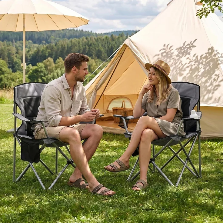 Campingstuhl, 220 KG Campingstuhl Faltbar mit Kühltasche, Getränkehalter, Tragetasch, Hochlehner Bequem Gepolste, Anglersessel Klappstuhl Garten Balkon Strand, Schwarz und Grau – Bild 2