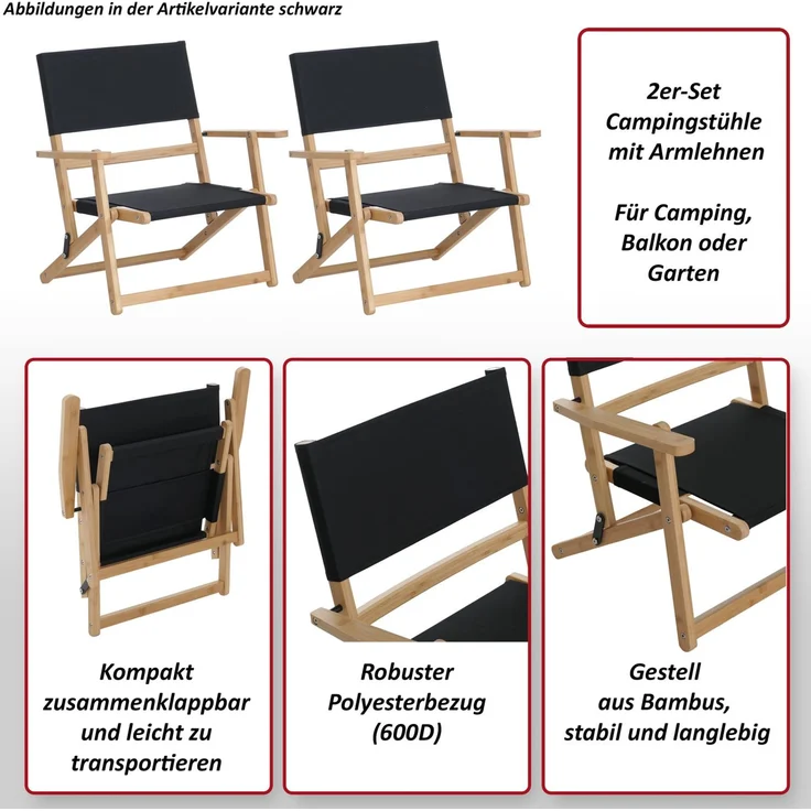 2er-Set Bambus Campingstuhl HWC-Q42, Gartenstuhl Balkonstuhl Freizeitstuhl klappbar Outdoor Stoff/Textil ~ creme – Bild 2