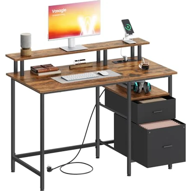 VASAGLE Gaming-Schreibtisch, mit Schubladen aus Stoff, Computertisch mit Bildschirmhalterung, Mehrfachsteckdose, 2 USB-Anschlüsse, für Heimbüro, 120 x 60 cm, rustikales Braun LWD093K01V1 – Bild 1