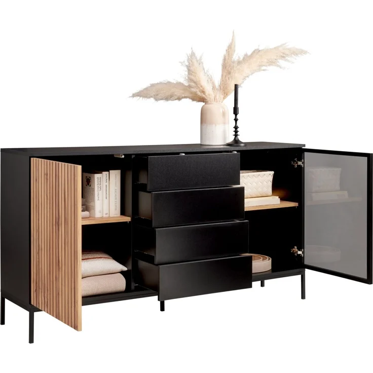 XORA 'VIANO' Sideboard Front Lamellen-Optik, Melamin Eiche schwarz, 153.6 x 83 x 38 cm, mit Beleuchtung – Bild 6
