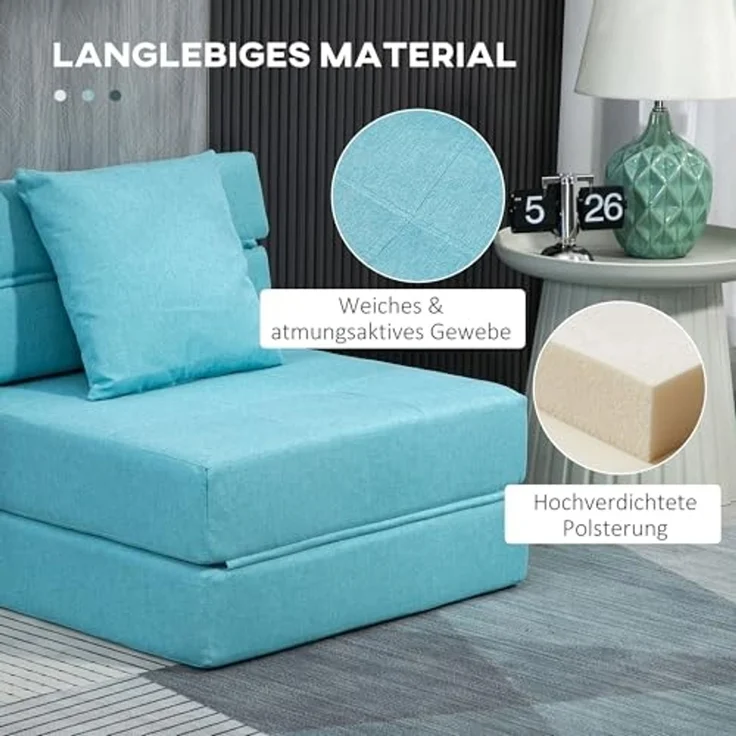 HOMCOM 2-in-1 Klappsessel mit Bettfunktion und Kissen, Gästebett, bis 120 kg Belastbar, Türkis, 70 x 174 x 15 cm – Bild 5