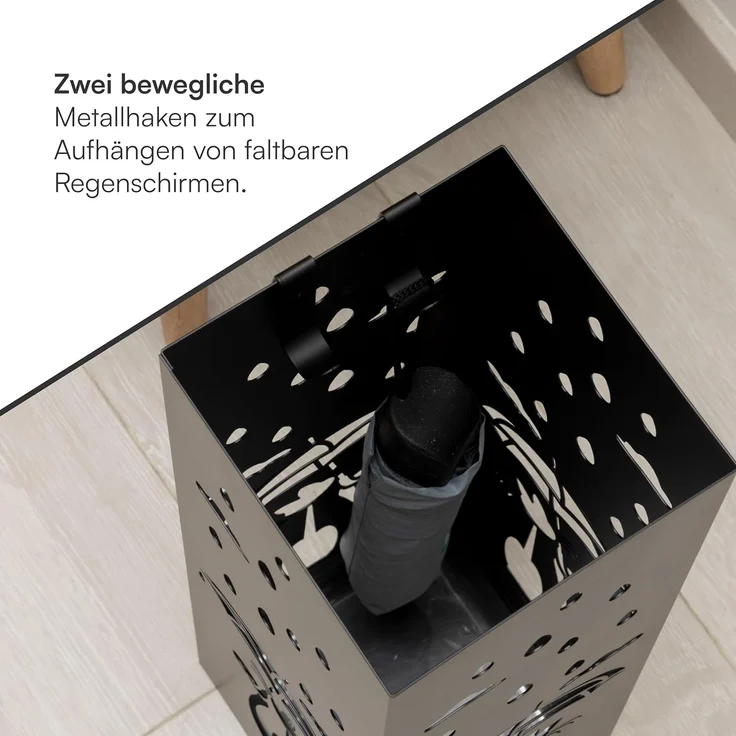 Baroni Home Schirmständer in modernem Design aus Metall mit Cat and Rain-Schnitzerei - Schwarz Schirmständer mit Haken und herausnehmbarer Auffangschale für Heim- und Bürodekoration 15,5 x 15 x 49 cm – Bild 5