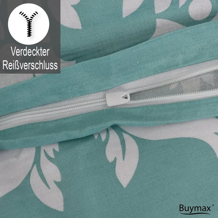 Buymax Bettwäsche, Renforcé, 3 teilig, Bettbezug-Set 200x200 cm 100% Baumwolle mit Reißverschluss Blumen Grün – Bild 3