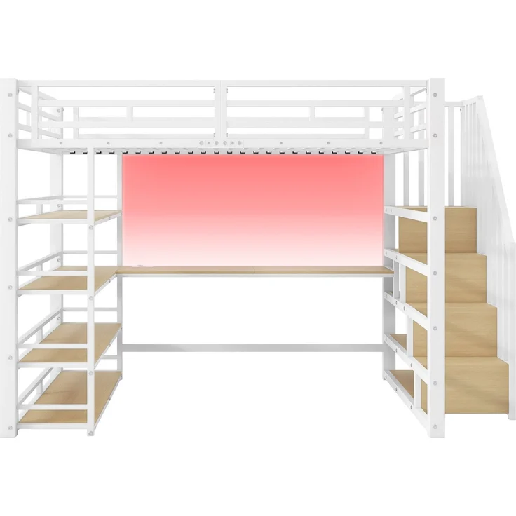Hochbett mit RGB LED-Streifen, Schreibtisch, Lattenrost, Regal und USB, Treppe mit Regal, 140x200 cm, Kinderbett mit Rausfallschutz, Metallbett – Bild 8