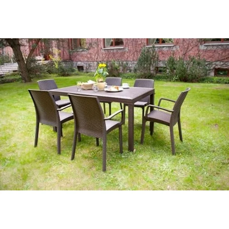 Dmora - Tisch im Freien Giove, rechteckiger GartenRegal, Mehrzweck-Gartentisch in Rattan-Optik, 100% Made in Italy, 150x90h74 cm, Braun – Bild 4