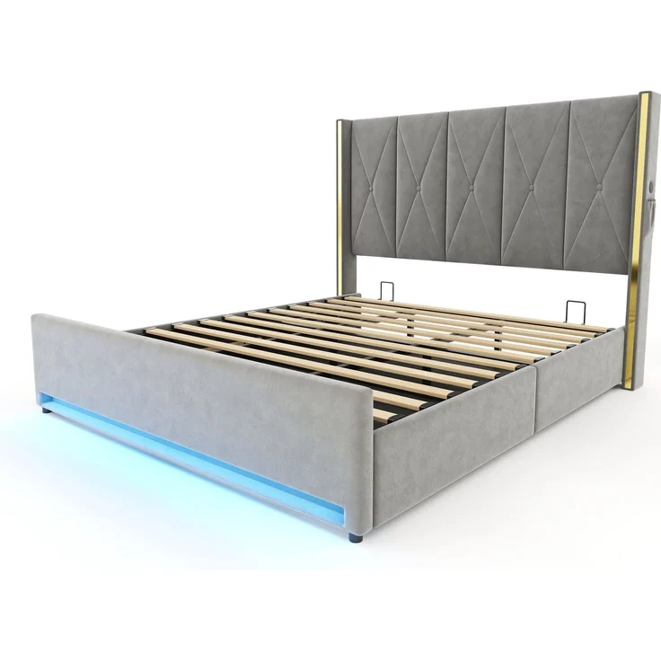 LVHOM Polsterbett mit Stauraum, Doppelbett mit LED, USB-Anschlüsse und Seitentaschen, Funktionbett, 180x200 cm, Grau – Bild 2
