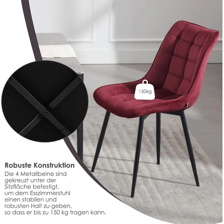 'Elif' 2er-Set Küchenstuhl mit Rückenlehne, Samt/Metallbeine, bordeaux – Bild 10