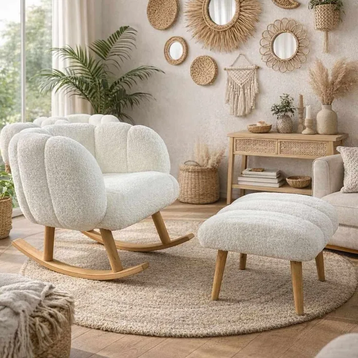 Hanah Home Elegantes Ohrensessel- und Pouf-Set (2-teilig), Weiß, 100% melaminbeschichtet, superweicher Schaumstoff, perfekt für modernes Wohnen