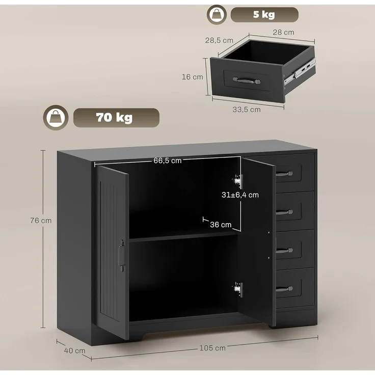 HOMCOM Sideboard Beistellschrank mit 4 Schubladen, 2 Türen, verstellbarem Einlegeboden (Aufbewahrungsschrank, 1 St, Küchenschrank), für Wohnzimmer, 105 x 40 x 76 cm, Schwarz – Bild 3