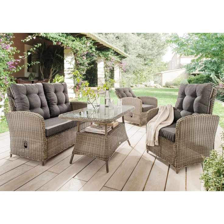 Destiny MERANO II Sofaset, vintage grau, inkl. Polster anthrazit (2er Sofa, 2 Sessel, 1 Tisch), mit aufgelegter Glasplatte – Bild 1