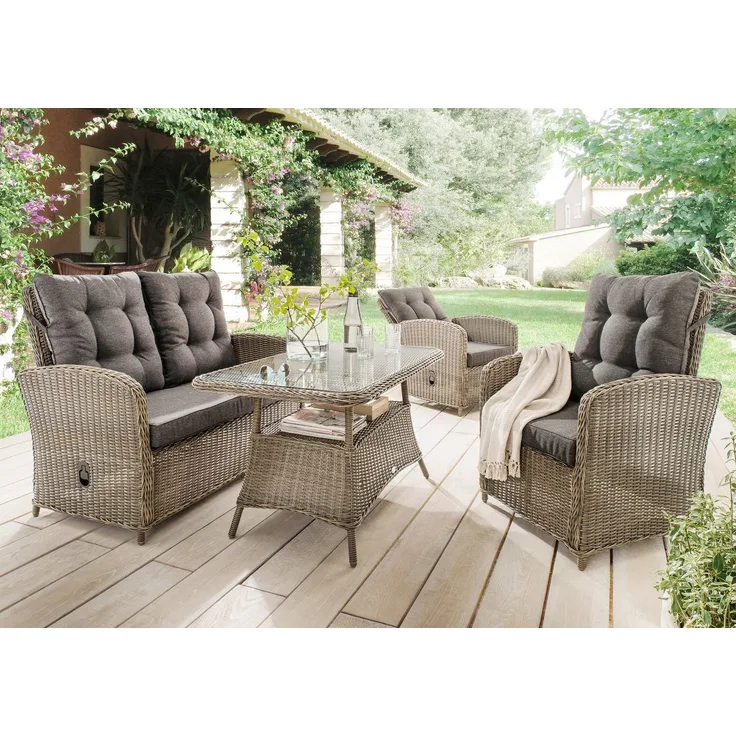 Destiny MERANO II Sofaset, vintage grau, inkl. Polster anthrazit (2er Sofa, 2 Sessel, 1 Tisch), mit aufgelegter Glasplatte