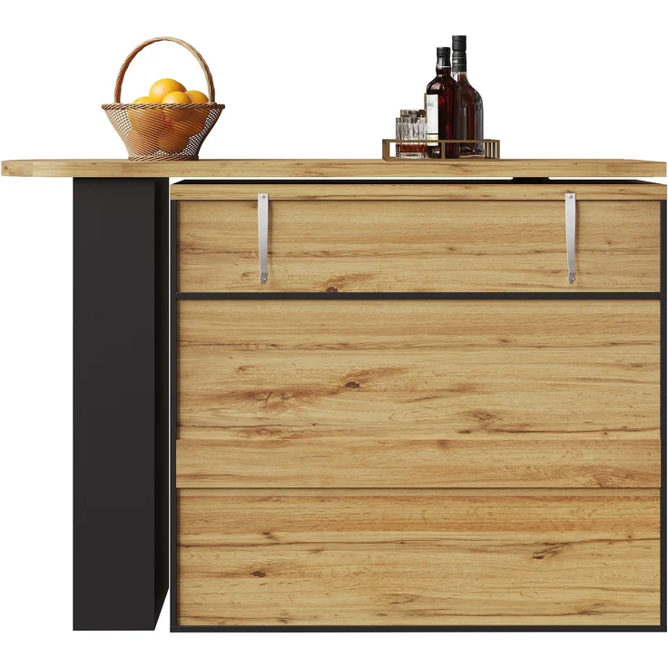 Ausziehbarer Bartisch Schwarz mit 360° Drehfunktion, MDF Tischplatte geprägt, Acryl-Türen, Aluminium-Griffe, Stauraum, 104cmx138-204cmx39cm – Bild 9