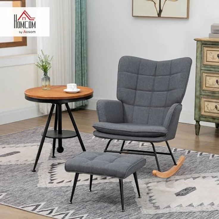 HOMCOM Schaukelsessel mit Hocker, Relaxsessel mit Leinenoptik (Armlehnsessel, 2-St, Schwingsessel), für Wohnzimmer, Schlafzimmer, Grau – Bild 3