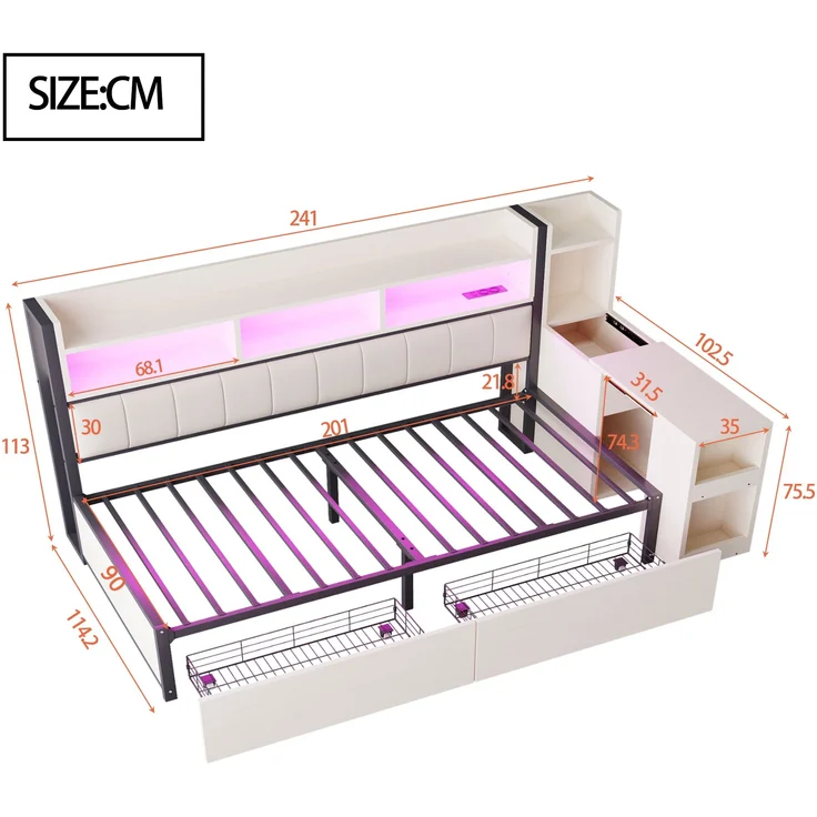 Bett 90x200 cm mit Stauraum und ausklappbarem Schreibtisch – Weiß, Metall & Holz – Bild 7