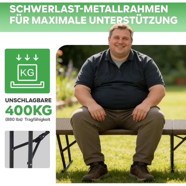 Eiryss Klappbank 2er Set, Wetterfeste Gartenbank aus HDPE mit Geflecht-Optik, Klappbare Sitzbank mit 4 Sicherheitsverriegelungen, Belastbar bis 400 kg, für Balkon, Terrasse & Camping, 180x28x43 cm – Bild 3