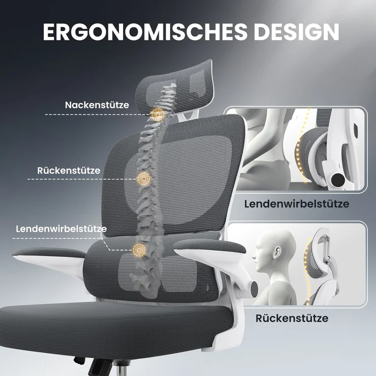 Botifly Ergonomischer Bürostuhl, Mesh-Gewebe, Grau/Weiß, 90°-120° Wippfunktion, 10 cm Höhenverstellbar, 52 x 25.5 x 62 cm – Bild 3