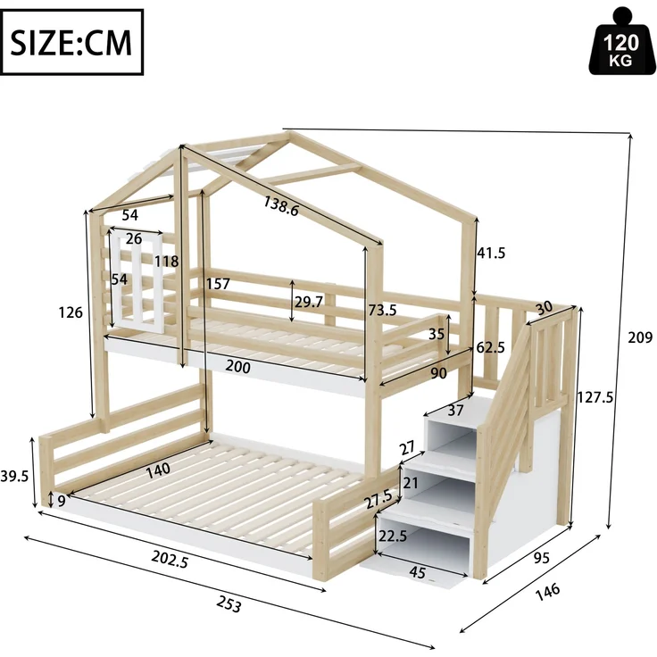 Kinder-Etagenbett "Haus-Design" 90x200 cm, Natur Kiefer, mit Staufachtreppe – Bild 5