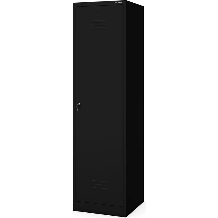 Jan Nowak Besenschrank Haushaltsschrank Metall - Agnes | 50 x 185 x 50 cm | Mehrzweckschrank Weiß mit Regale und Kleiderstange | Schloss, Belüftung | Putzschrank Schmal 50 cm Breit | Schwarz
