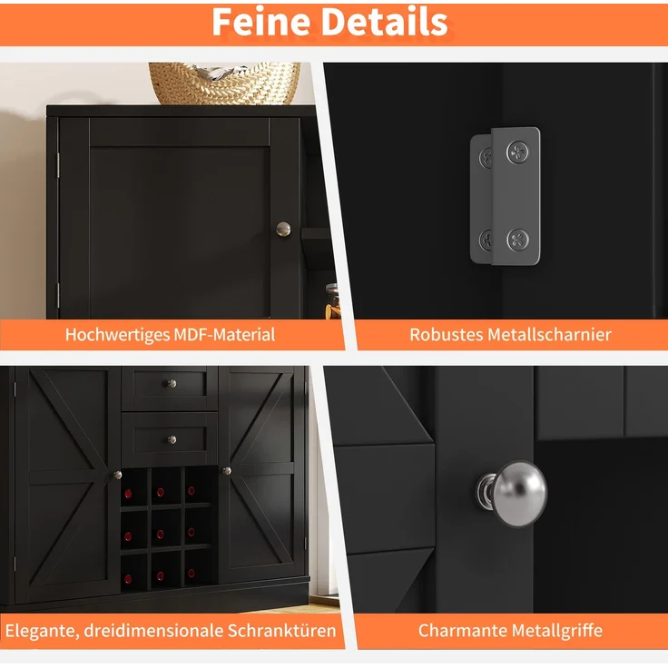 Küchenschrank mit verstellbaren Ablagen & Weinregal, Hochschrank Küchenbuffet mit 4 Türen & 2 Schubladen, Sideboard für Küche & Wohnzimmer, Buffetschrank, Schwarz – Bild 6