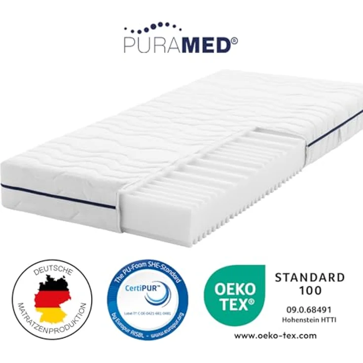PURAMED Kaltschaummatratze - 200x200 cm - Höhe 18 cm - Härtegrad H2 & H3 - ergonomische 7-Zonen Matratze - produziert in Deutschland - waschbarer Mikrofaser-Bezug - Oeko-TEX® & CertiPUR Zertifiziert – Bild 3