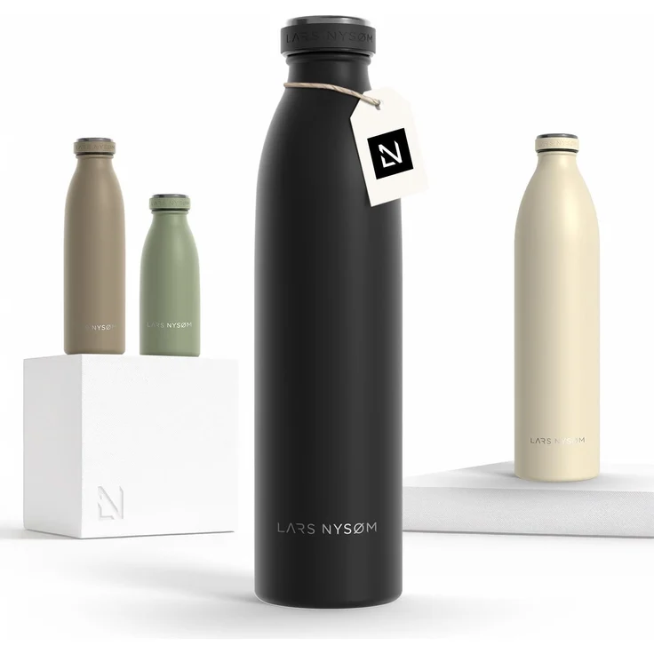 LARS NYSØM Edelstahl Trinkflasche 350ml, 500ml, 750ml, 1L, 1 5 liter | Thermosflasche Kohlensäure geeignet | Auslaufsichere Wasserflasche für Sport, Outdoor (Carbon Black, 750ml)
