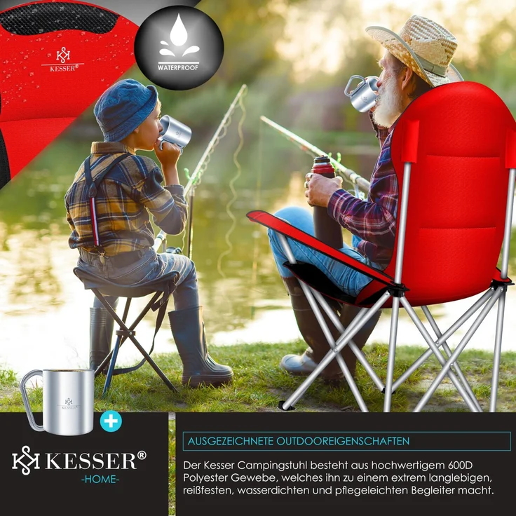 KESSER® Campingstuhl faltbar bis 150 kg Angelstuhl Faltstuhl Klappstuhl Gepolstert mit Armlehnen, Getränkehalter + Tasche mit hoher Rückenlehne, Strandstuhl, Klapphocker Rot / Schwarz – Bild 5