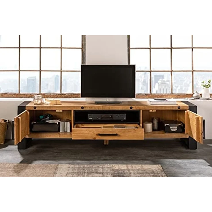 riess-ambiente Lowboard THOR 200cm natur / schwarz, Wohnzimmer · recyceltes Massivholz · Pinie · Industrial Design – Bild 5