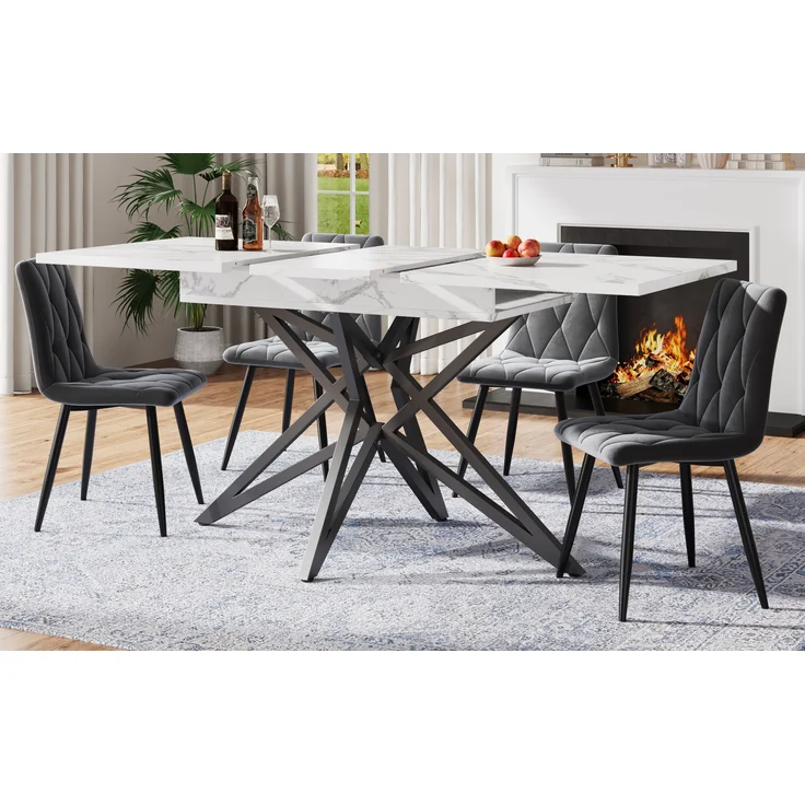 Ausziehbarer Esstisch 120/160x80x66,1 cm, weiß, mit sternförmigen Metallbeinen & Marmoroptik – Bild 2