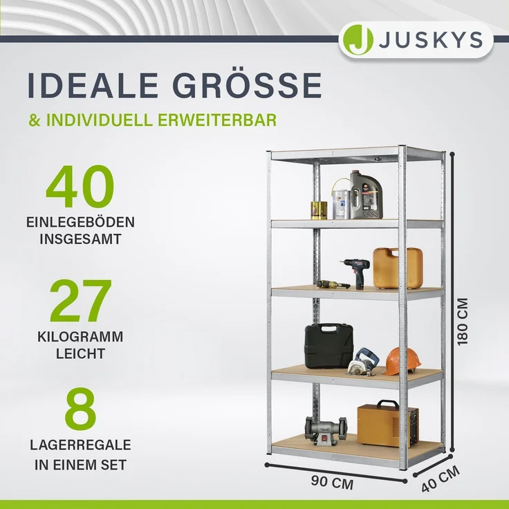Juskys Lagerregal Basic 8er Set 180x90x40 cm – 8 Schwerlastregale mit 40 Böden – max. 7000 kg - Metall verzinkt - Regale Kellerregal Metallregal – Bild 2